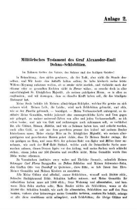 Anlage 2. Militärisches Testament des Graf Alexander-Emil Dohna-Schlobitten