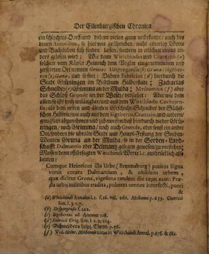 Eilenburgische Chronica, Oder Beschreibung Der sehr alten Burg, Schlosses und Stadt Eilenburg : Nach dero Situation oder Lager, Benahmung, alten Einwohner, Uhrsprung und Erbawung ... Religion, Nahrung und Bequemligkeit, Regenten und Beambten ... Ingleichen was so wohl in Kriegs- als Friedens-Zeiten, daselbst und in der ümligenden Gegend ... sich vor Denckwürdiges begeben und zugetragen