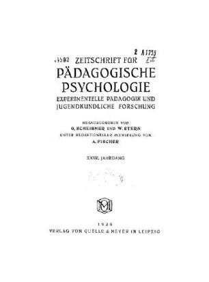 27: Zeitschrift für pädagogische Psychologie und Jugendkunde - 27.1926