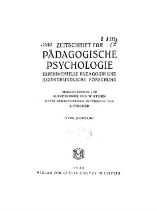 27: Zeitschrift für pädagogische Psychologie und Jugendkunde - 27.1926