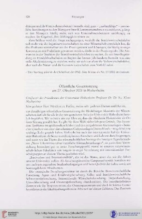 Öffentliche Gesamtsitzung am 27. Oktober 2001 in Hohenheim