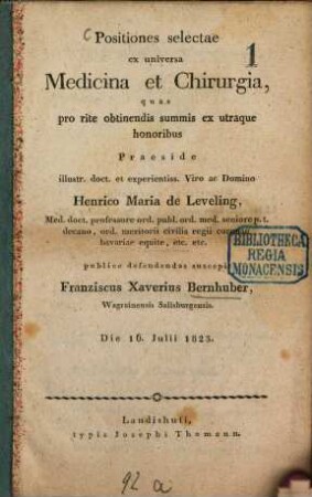 Positiones selectae ex universa medicina et chirurgia