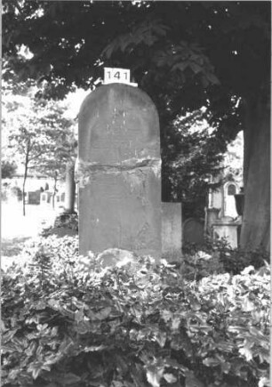 Grabstein 141 (Index: 100114327) Material: Sandstein Zustand: gebrochen und repariert, stark abgeblättert mit Textverlust Maße HxBxT: 160x63x28 cm Beschreibung: Stele, Rundbogenabschluß Besonderheit: beide russische Kriegsgefangene, Doppelgrab: Grabstein 141