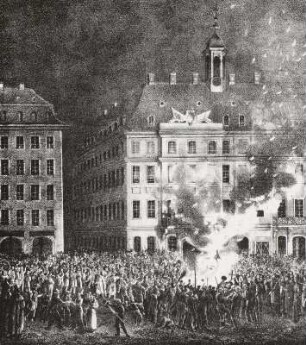 Rathaus zu Dresden beim Ausbruch der Unruhen am Abend des 9. September 1830
