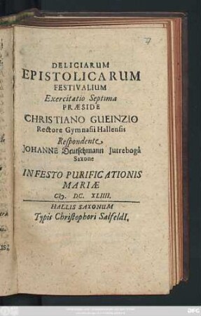 Deliciarum Epistolicarum Festivalium Exercitatio Septima