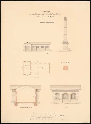 Grube Ilse (Kunheim & Co.), Großräschen/Bückgen Maschinen- und Kesselhaus: Grundriss, 2 Ansichten, Querschnitt