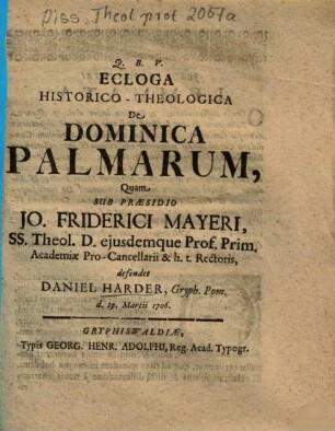 Ecloga Historico-Theologica De Dominica Palmarum