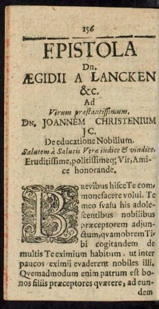 Epistola Dn. Aegidii A Lancken &c. Ad Virum praestantissimum, Dn. Joannem Christenium ...