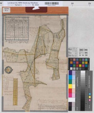 Eickum (Herford) Teilung der Niedernackersheide und der Heidenholzheide 1772 100 Ruten = 11,7 cm 48 x 32 kol. Zeichnung Johann Albrecht Kolb, Praef. Chori in Herford Spez.Verz. Markenkarten XIV Nr. 6