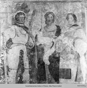 Fassadenfresken: der heilige Florian, Johannes der Täufer und Stephanus, Christophorus, Marienkrönung und Epiphanie