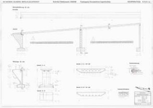 Eine Fußgängerbrücke über den Teltowkanal, Berlin-Adlershof Schinkelwettbewerb 1996: Bewehrungsplan. Spannstahlführung und Widerlager, Details 1:50, 1:20