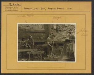 Räumen der Trümmer als Vorarbeit für den Neubau des Hauses der Sorben. Die Jugendbrigade aus Hochkirch. : Rumowanje rozwalinow za natwar Serbskeho domu. Młodźinska brigada z Bukec.