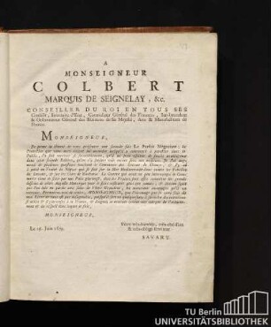 A Monseigneur Colbert Marquis de Seignelay, &c.