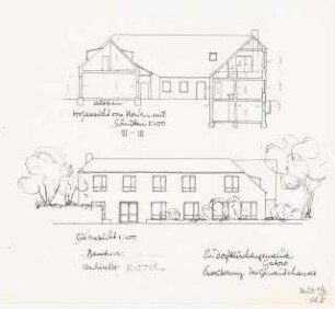 Evangelisches Gemeindehaus, Berlin-Gatow Erweiterung: (Lichtpause von Inv.Nr. 38602): Schnitt III-III, Südansicht 1:100