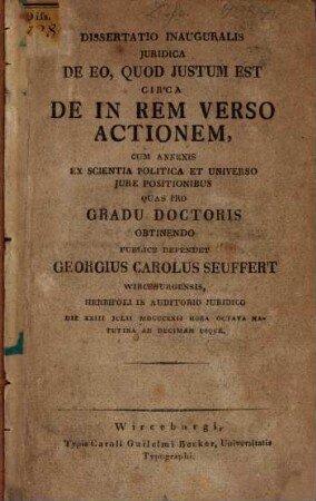 Diss. inaug iur. de eo quod iustum est circa de in rem verso actionem