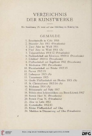 Verzeichnis der Kunstwerke (Nr. 1-111)