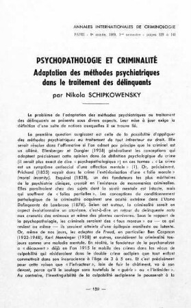 129-148, Psychopathologie et criminalité - Adaption des méthodes psychiatriques dans le traitement des délinquants