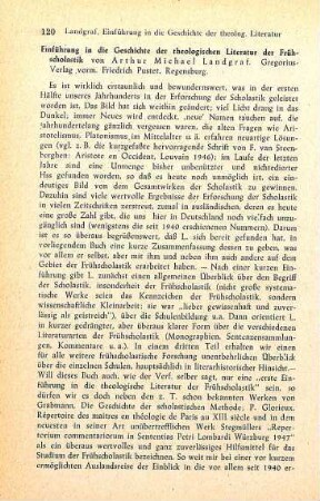 120-121 [Rezension] Landgraf, Artur Michael, Einführung in die Geschichte der theologischen Literatur der Frühscholastik