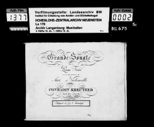 Conradin Kreutzer (1780-1849): Grande Sonate / pour le / Piano-Forte / avec accompagnement de / Flûte et Violoncelle / composée / par / Conradin Kreutzer / Op. 23 No 1 (auf Überklebung:) Stuttgart bei G.A. Zumsteeg