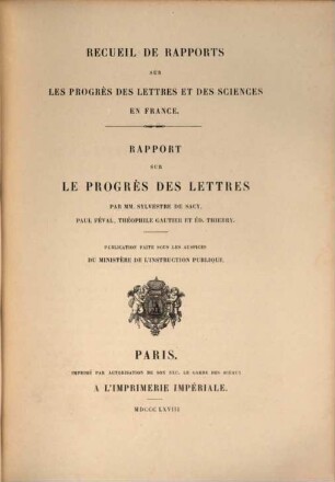 Rapport sur le Progrès des Lettres : (Romans.)