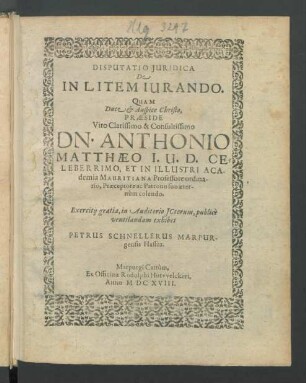 Disputatio Iuridica De In Litem Iurando