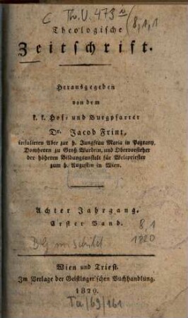 Theologische Zeitschrift. 8,1. 1820
