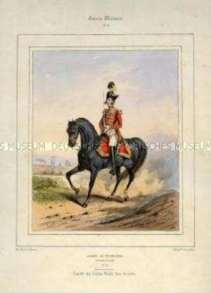 Uniformdarstellung, Gardist der K.K. Ersten Arcièren-Leibgarde zu Pferd, Österreich, 1840/1850. Tafel Nr. 1 aus: Galerie Militaire.