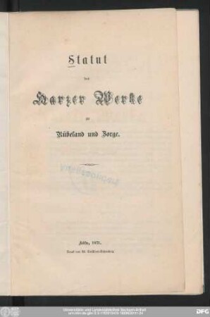 Statut der Harzer Werke zu Rübeland und Zorge