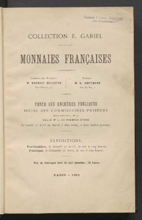 Monnaies françaises: Collection E. Gariel; vente aux enchères publiques ...