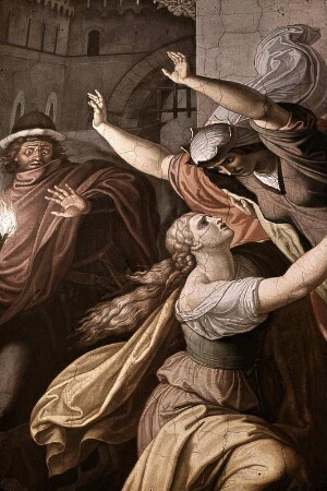 Nordwand, Mittelbild: Kriemhilde findet die Leiche Siegfrieds vor ihrer Kemenate zu Worms