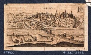 Stadtansicht von Meißen, Blick vom rechten Elbufer auf den Burgberg mit dem Dom, der Albrechtsburg und der Brücke mit durchlaufender Überdachung (zweiter Bauzustand nach 1547 bis 1637)