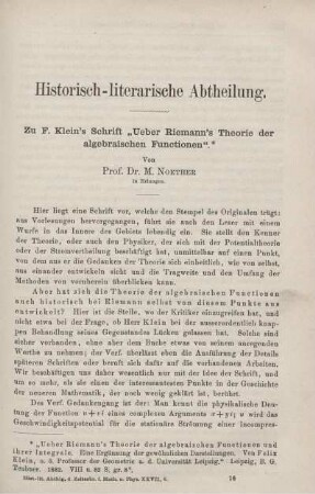 Zu F. Klein's Schrift "Ueber Riemann's Theorie der algebraischen Functionen".