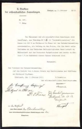 Zahlungsauftrag an das Kassenamt der der Wissenschaftlichen Sammung