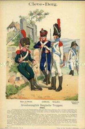 Uniformdarstellung, Jäger zu Pferde, Artillerist, Grenadier und Infanterie-Offizier, Großherzogtum Berg, 1812.