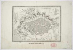 Plan von Lübeck, 1:8 300, Lithographie, 1847 : Grundriss Der Stadt Lübeck : Berichtigt u. herausgegeben v. L. Spilhaus. - [Ca. 1:8 300]. - Hamburg : Lith. Inst. v. Chs. Fuchs , 1847. - 1 Plan : Lithogr. ; 29 x 21 cm. Maßstab in graph. Form (Ruthen lüb.). - NW oben. - Mit Gebäudekennzeichnung