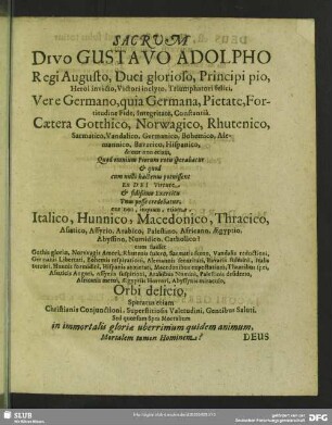 Sacrum Divo Gustavo Adolpho Regi Augusto, Duci glorioso, Principi pio ...