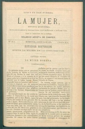 Estudios históricos sobre la mujer en la civilización. (Continuación). : Capítulo noveno. La mujer romana. [Continuación]