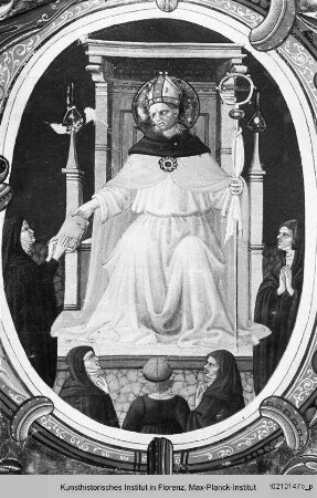 Antiphonar von San Gaggio : Historisierte Initiale P(ost): Der heilige Augustinus überreicht die Ordensregeln