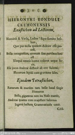 Hieronymi Eonduli Cremonensis Exastichon ad Lectorem