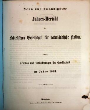 Jahresbericht der Schlesischen Gesellschaft für Vaterländische Cultur. 29. 1851
