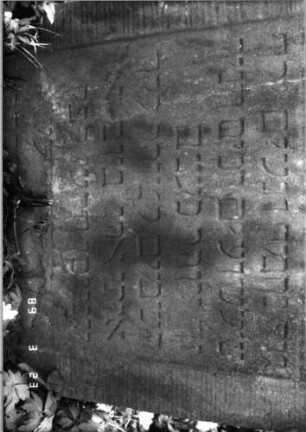 Grabstein 221 (Index: 99791556) Material: roter Sandstein Zustand: abgeblättert Maße HxBxT: 68x58x11 cm Besonderheit: Kindergrab: Grabstein 221 (Detailaufnahme 2)