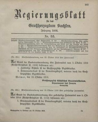 Nr. 255: Ministerialverordnung vom 10. Oktober 1916 über zuckerhaltige Futtermittel