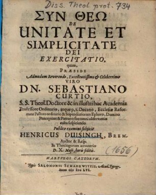 De Unitate Et Simplicitate Dei Exercitatio