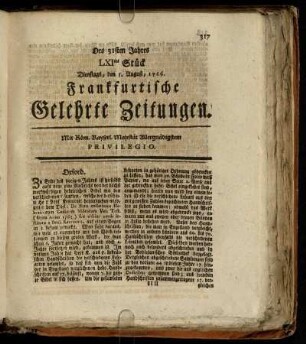 LXItes Stück Dienstags, den 5. August, 1766. - LXXtes Stück Freytags, den 5. September, 1766.
