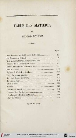 Table des matières du second volume