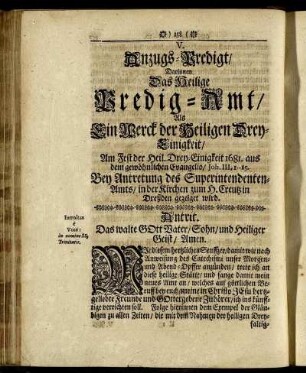 V. Anzugs-Predigt/ Darinnen Das Heilige Predig-Amt/ Als ein Werck der Heiligen Drey-Einigkeit.