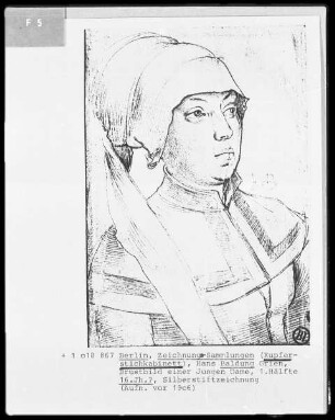Brustbild einer Bürgersfrau mit Haube aus Hagenauer Geschlecht, Folio recto