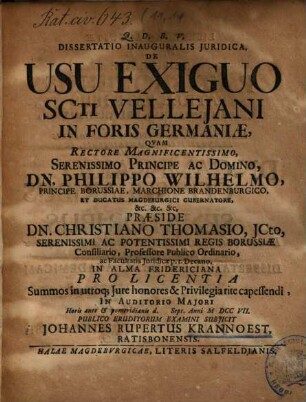 Dissertatio Inauguralis Juridica De Usu Exiguo SCti Vellejani In Foris Germaniae