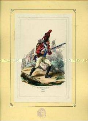 Uniformdarstellung, Grenadiere des Schweizer Infanterie-Regiments, Frankreich, 1812. Tafel 33 aus: Bellangé: Die Soldaten der französischen Republik und des Kaiserreichs.