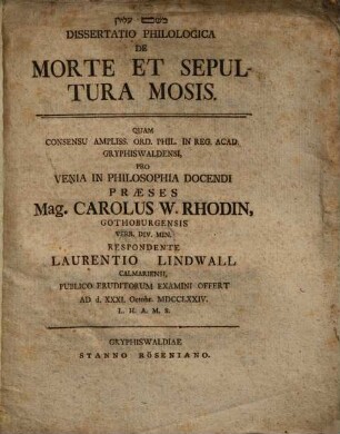 Diss. philol. de morte et sepultura Mosis
